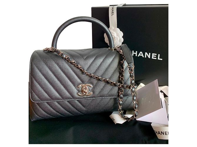 Coco Handle Chanel Coco Griff Kaviar Chevron SHW Anthrazitgrau