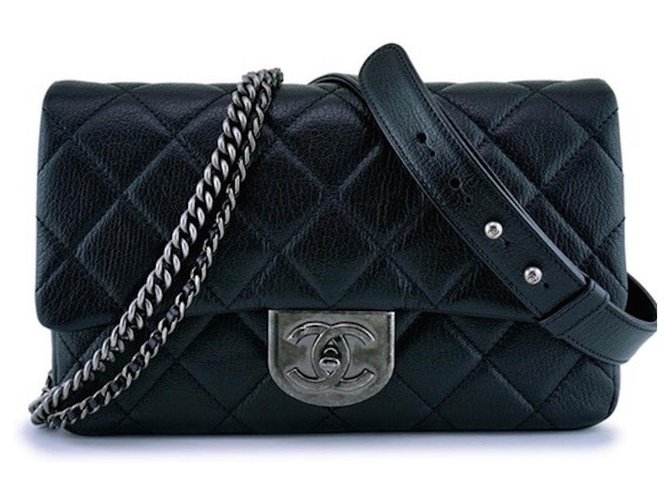 CHANEL BLACK GRAINED MEDIUM DOUBLE CARRY CLASSIC FLAP BAG NEUF