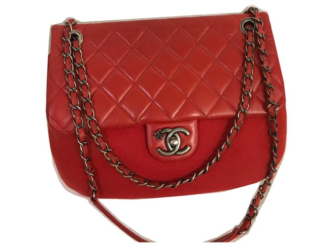 Chanel Große Flap Paris-Salzburg Handtasche Rot Leder Wolle  ref.167718
