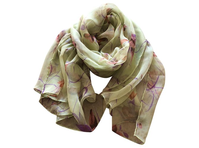 Autre Marque New printed silk chiffon scarf stole Purple Light brown Light green  ref.167841