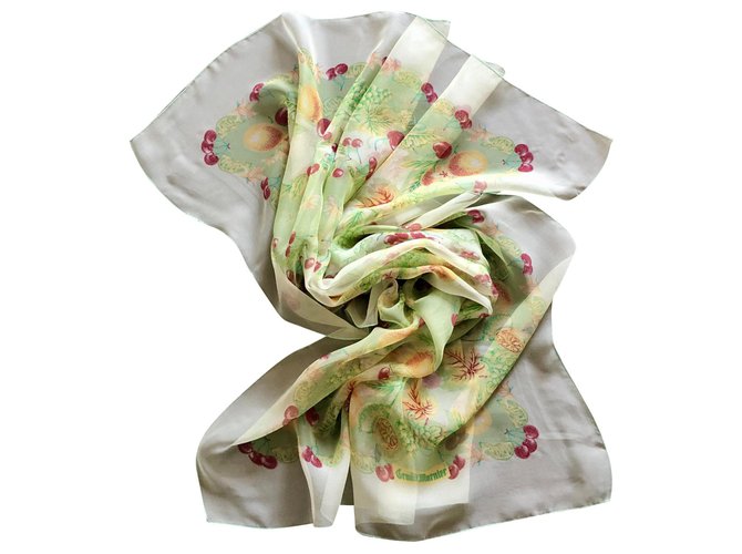 Autre Marque Scarf, Flowers and fruits printed chiffon scarf on a green background Multiple colors Light green Silk  ref.167860