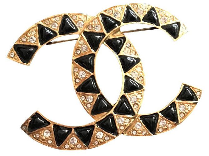 Cambon Chanel Pins & Broschen Schwarz Golden Metall Perle  ref.168338