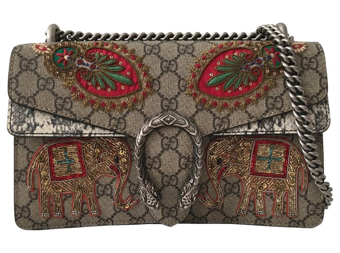 Gucci Dionysus Bag Python Elephant Aufnäher Rot Beige Grün Baumwolle Exotisches Leder  ref.168467