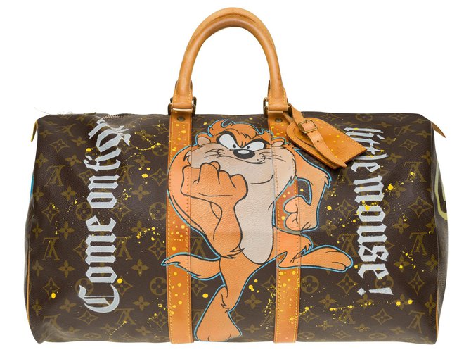 Louis Vuitton Keepall bag 45 in custom Monogram canvas "Mickey Vs Taz" by PatBo! Brown Leather Cloth  ref.168651