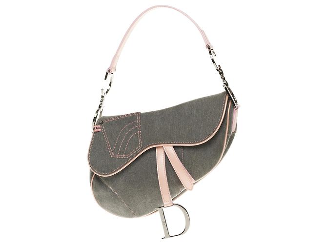Christian Dior Bolsa Dior Saddle em denim azul e couro rosa em muito bom estado!