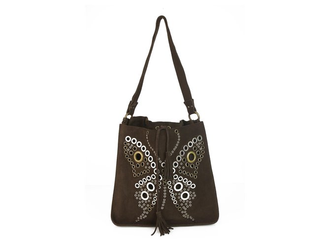 Dolce & Gabbana Brown Suede Leather Boho Hippie Butterfly Grommets Shoulder  Bag Deerskin  - Joli Closet