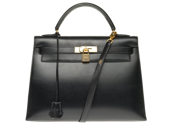 Hermès hermes kelly 32 black box leather shoulder strap, gold-plated metal trim in superb condition!  ref.169179