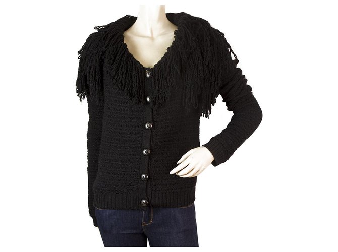 Christian Dior Black Fringe collar Wool Alpaga Knit Cardigan Jacket US4 IT40 GB8 Wood  ref.169207