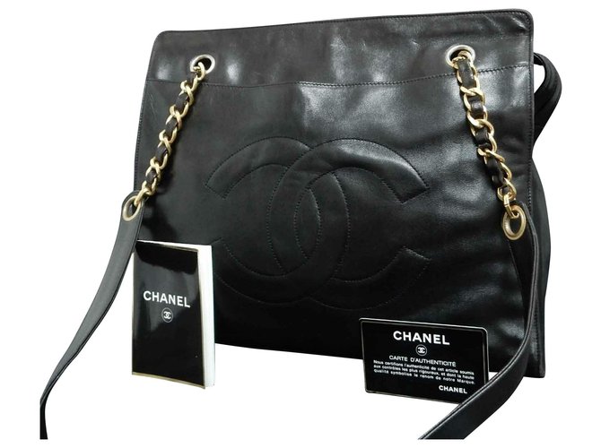 Cadeia de logotipo Chanel CC Preto Couro  ref.169545