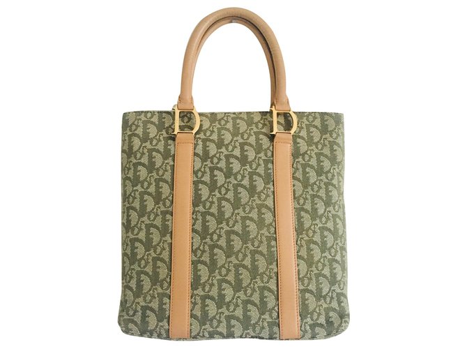 Christian Dior Dior Trotter Tote Bege Verde Couro Pano  ref.169570