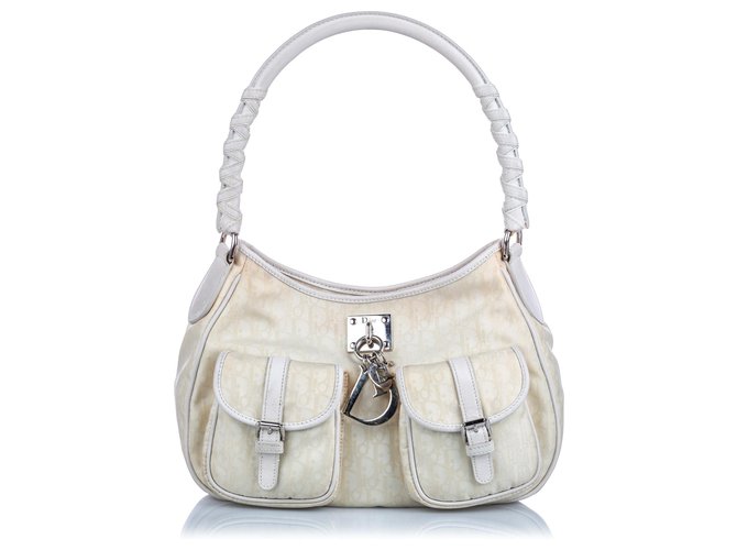 Dior White Dior Oblique Canvas Lovely Shoulder Bag Leather Cloth Cloth  ref.169653