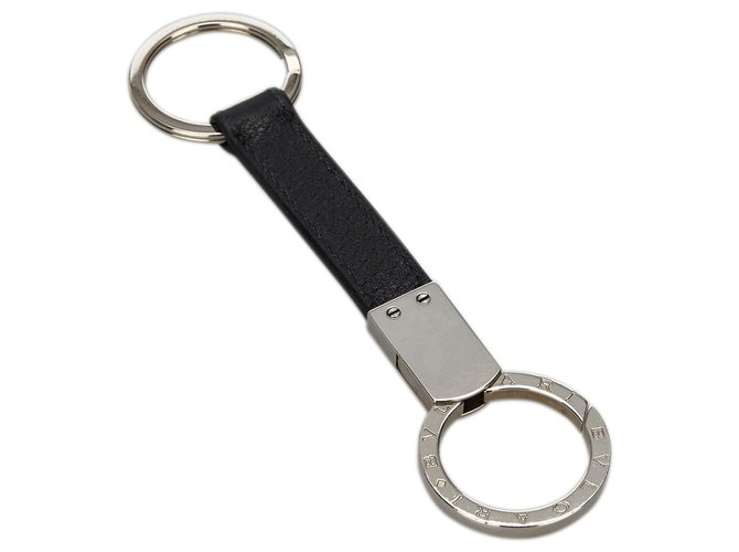 Bulgari Bvlgari Black Leather Key Ring Silvery Metal  ref.169702