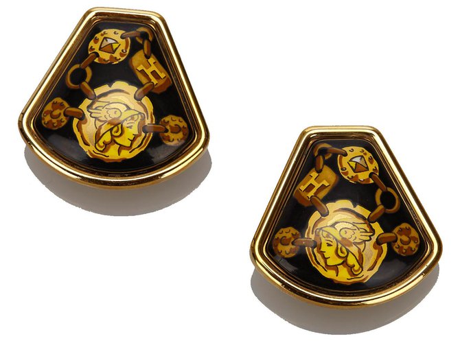 Hermès Hermes Gold Enamel Clip On Earrings Black Golden Metal  ref.169708