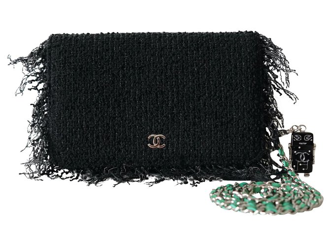 Wallet On Chain Chanel Handbags Black Green Tweed  ref.169757