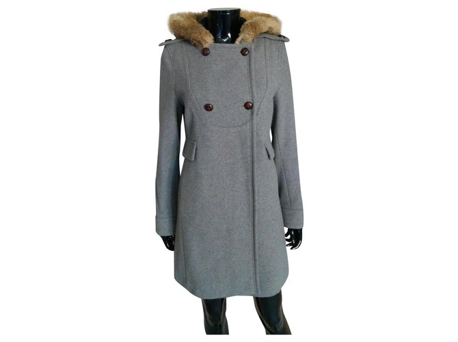 Comptoir Des Cotonniers Hooded swing coat with fur trim Grey Polyester Wool  ref.169774
