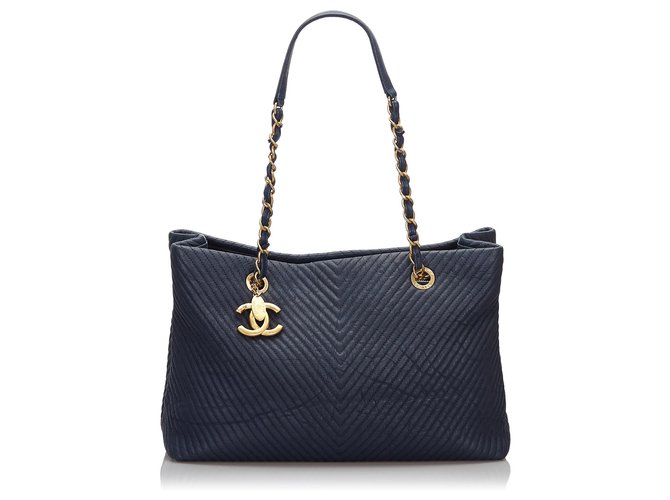 Chanel Blue Chevron Leather Tote Bag Dark blue  ref.169900