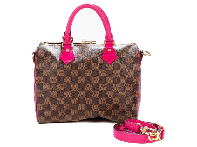 Louis Vuitton Speedy Bag Creation 25 shoulder strap with ebony checkerboard customized with calf leather and pink Porosus crocodile Brown Exotic leather Cloth  ref.170101