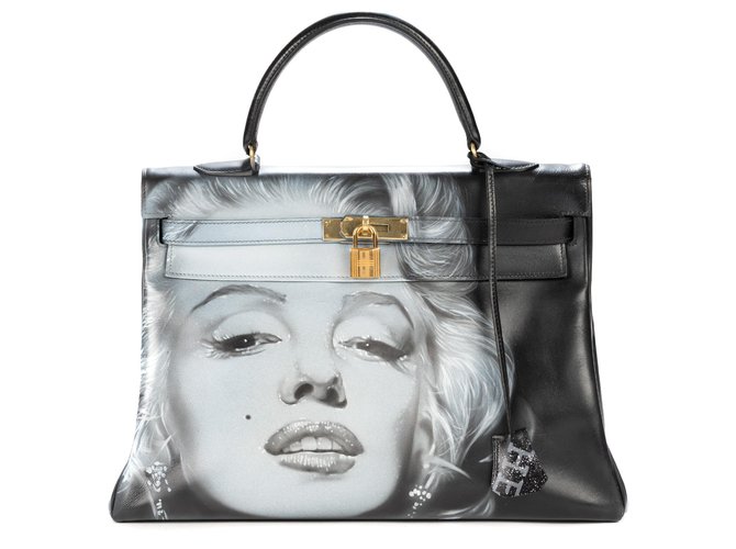Hermès Borsa Hermes Kelly 35 restituito in pelle scatola nera personalizzata "Marilyn Monroe" # 46 di PatBo Nero  ref.170137