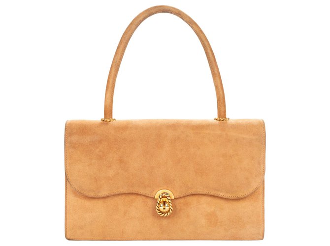 Très beau sac vintage Hermès "Escale" en daim beige et garniture en métal plaqué or  ref.170264
