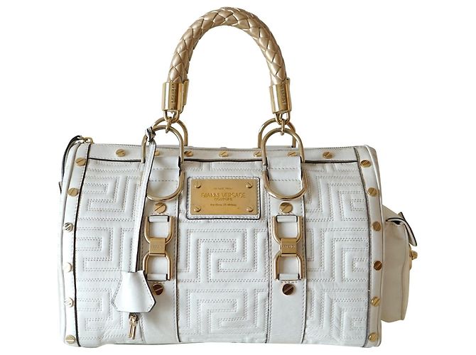 Bolsa Boston Gianni Versace em couro branco acolchoado Dourado