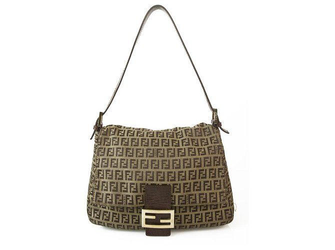 Baguette Fendi Zucca FF Monogram Fabric Canvas & Brown Leather Shoulder Bag Flap Handbag Coñac Algodón  ref.170375