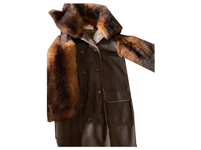 Yves Saint Laurent Magnifique manteau de vison d’élevage et cuir YSL Cuir d'agneau Marron  ref.170697