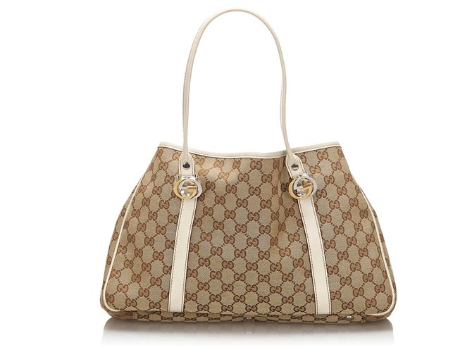 Gucci Brown GG Canvas Twin Tote Bag White Light brown Leather Cloth Cloth  ref.170781