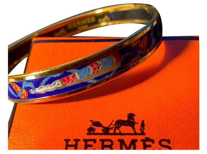 Hermès Pulseira Hermes Banhado a Ouro 18 quilates e tons de esmalte Azul / Branco / Laranja Multicor  ref.170963