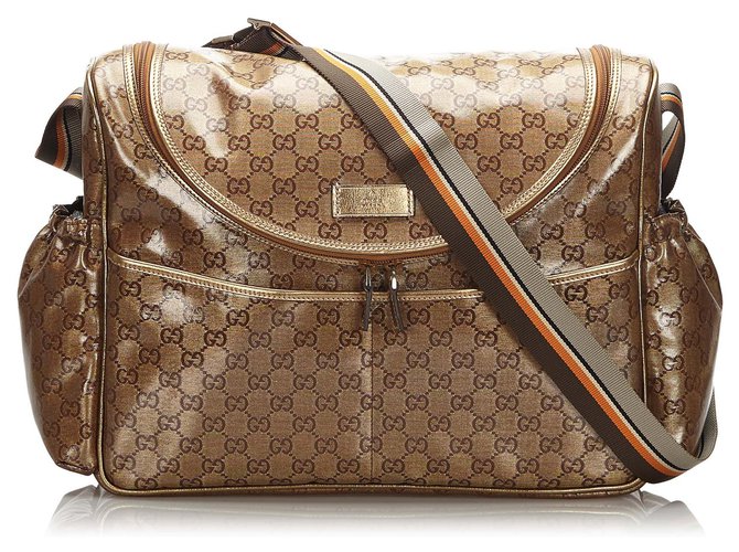 Gucci Gold GG Crystal Diaper Bag Brown Golden Leather Cloth Cloth  ref.171080