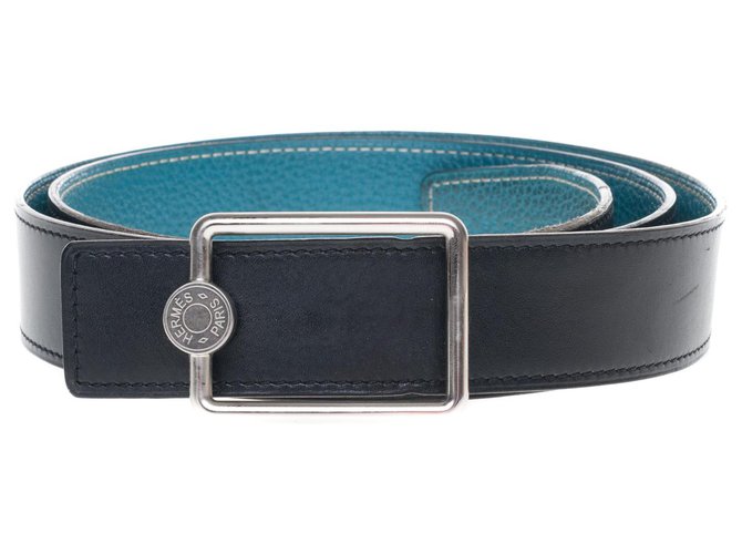 Cinto reversível Hermès "Clou de selle" em couro preto e bezerro azul, taille 95 Em muito boa forma!  ref.171419