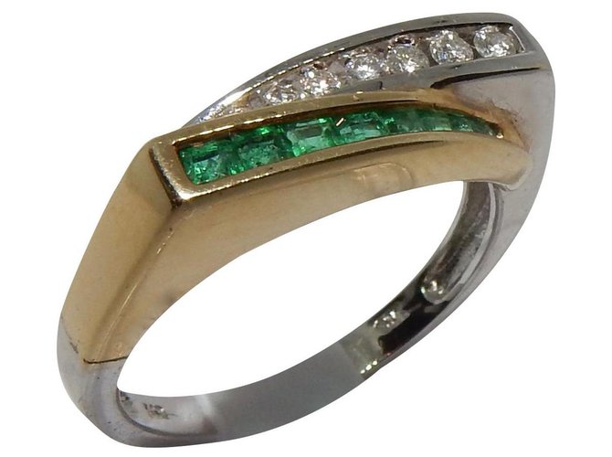 Autre Marque anillo 2 hileras de diamantes y esmeraldas en 2 oros Blanco Dorado Verde Oro blanco Oro amarillo  ref.171425