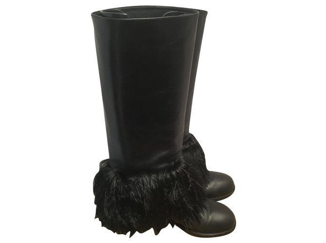 Chanel boots Cuir Fourrure Noir  ref.171449