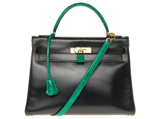 Hermès hermes kelly 32 returned in custom black box leather with shoulder strap, Enchapes, Bandoulière, green crocodile padlock and zipper and bell Exotic leather  ref.171534