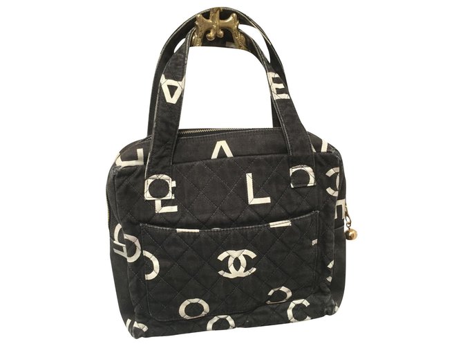 Chanel Totes Black White Leather Cloth  ref.171538
