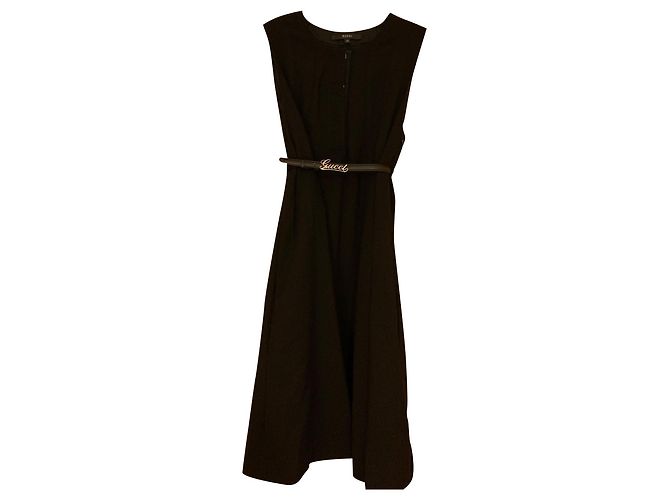 Gucci Wollkleid schwarz mit Ledergürtel mit Logo