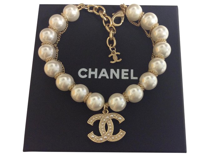 Chanel Crystal Embellished CC Charm Faux Pearl Bracelet Chanel
