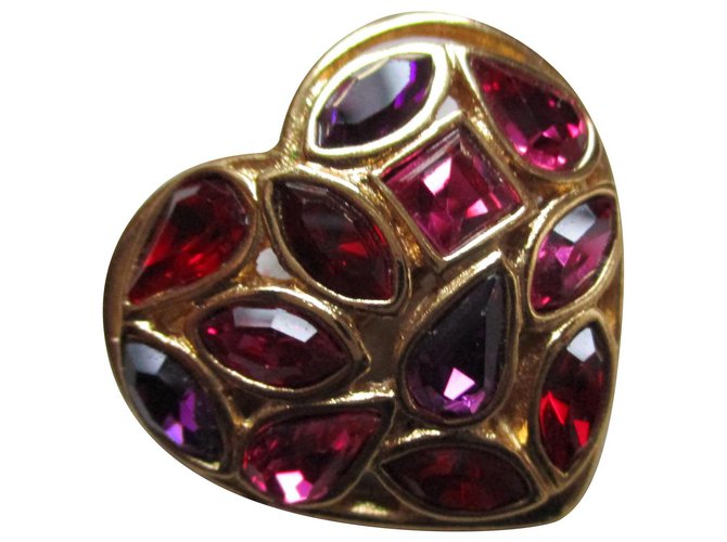 Yves Saint Laurent Broche coração de ouro, pedras rosa. Dourado Metal  ref.171804