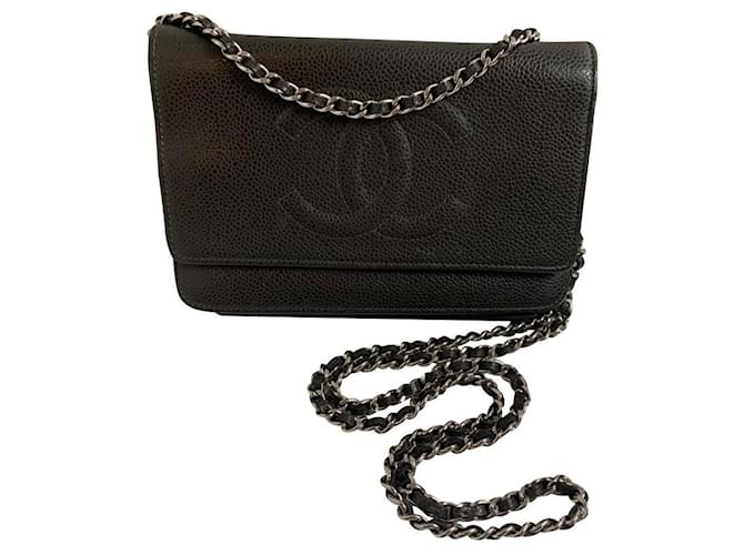 Wallet On Chain Chanel Cuir Gris anthracite  ref.172106