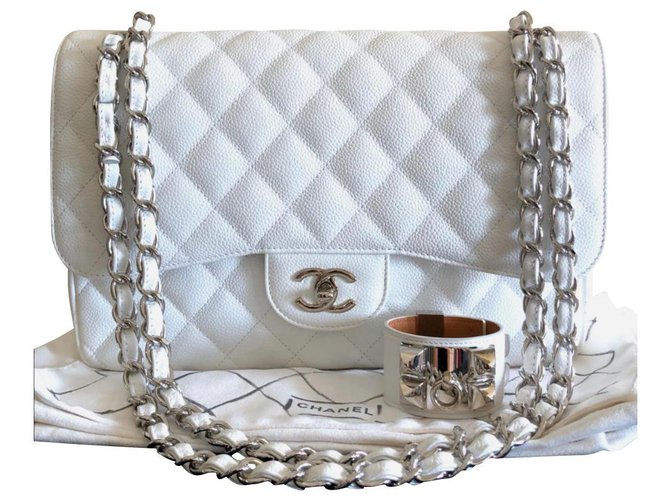 Seltene Chanel White Caviar Jumbo Classic Flap Bag Weiß Leder ref
