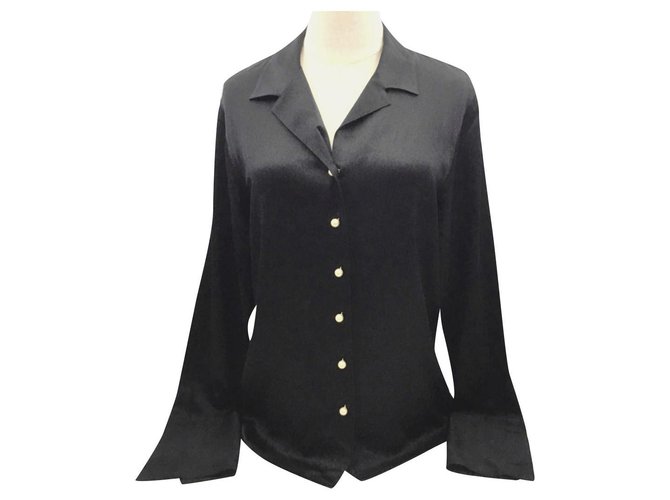 Chanel pearl button black silk blouse shirt FR38  ref.172124