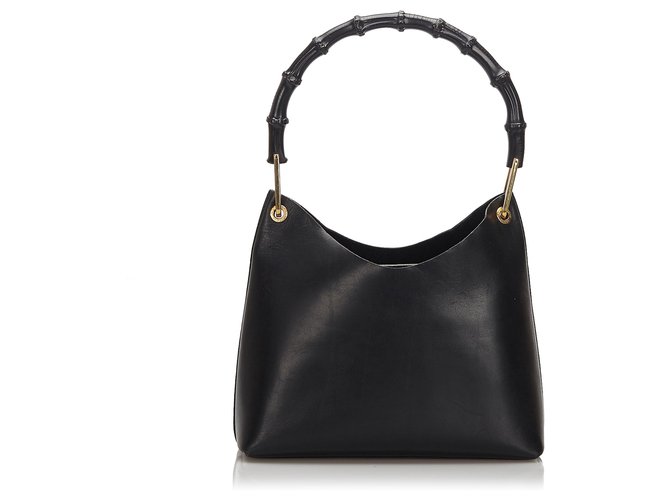 Gucci Black Bamboo Leather Handbag Wood  ref.172317