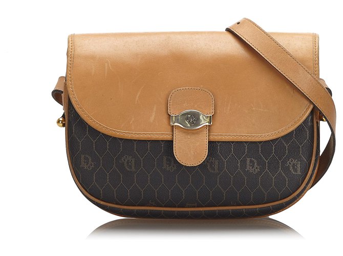 Dior Black Honeycomb Coated Canvas Crossbody Bag Brown Light brown Leather Cloth Cloth  ref.172323