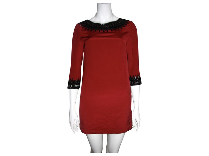 Marchesa Vestido de seda vermelho sangue com detalhes em metal Preto  ref.172391