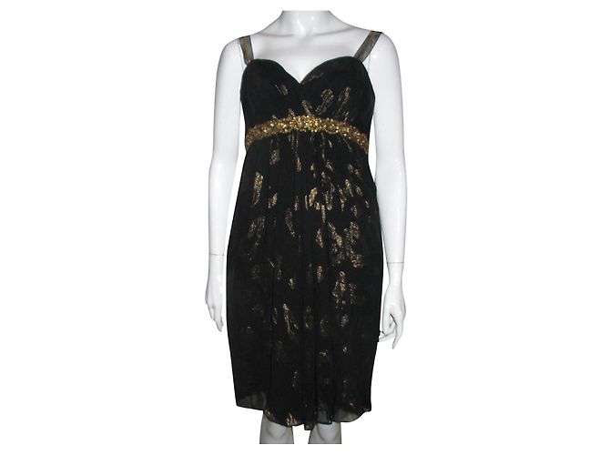 Marchesa Vestido chiffon de seda com enfeites de metal Preto Dourado