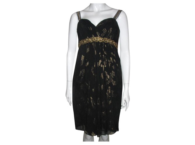 Marchesa Vestido de gasa de seda con adornos de metal. Negro Dorado  ref.172432