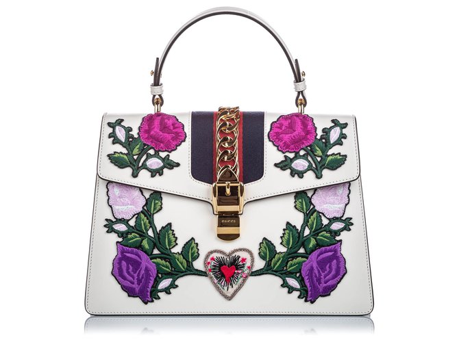 gucci white sylvie embroidered top handle price