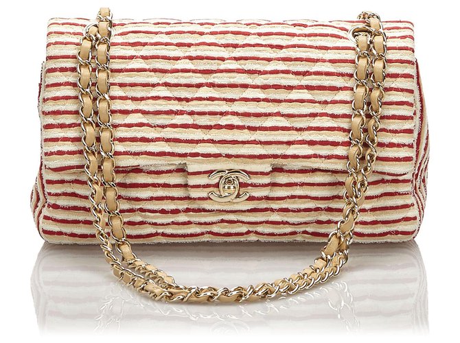 Bolso de solapa con forro de marinero Coco Chanel rojo mediano Blanco Roja Cuero Algodón Paño  ref.172555