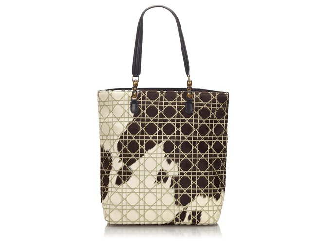 Dior Brown Cannage Embossed Pony Hair Malice Tote Bag White Dark brown Leather  ref.172577