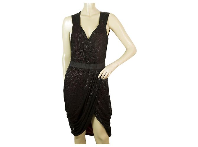 Pinko Mini vestido de tul drapeado drapeado sin mangas completamente negro sz 44