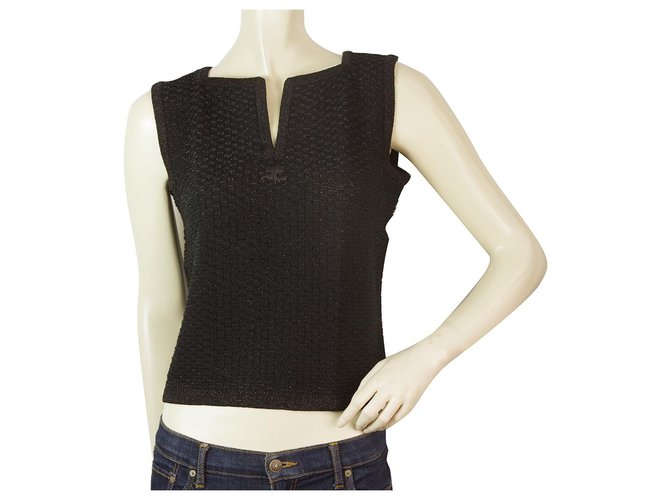 Courreges Black Knit with Shine Sleeveless Crop Tank Top Blouse